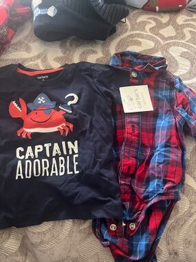 Carter's Navy Pajama Top with Red Crab Graphic & Red/Blue Plaid Bodysuit